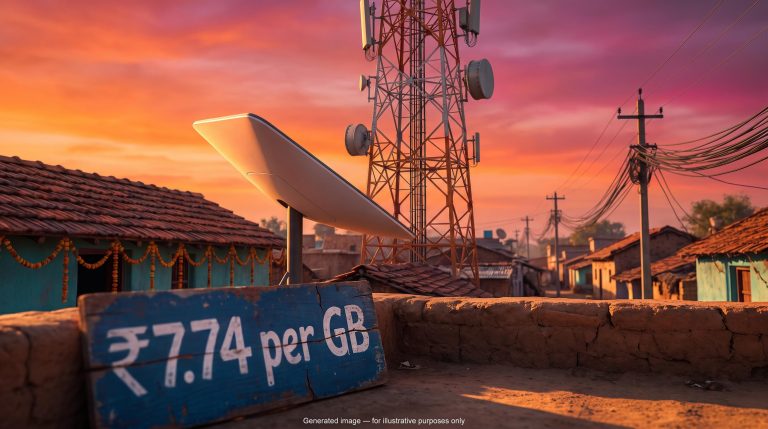 Satellite dish beside an Indian cell tower with a ₹7.74 per GB sign, highlighting Starlink India pricing debate before Jio IPO