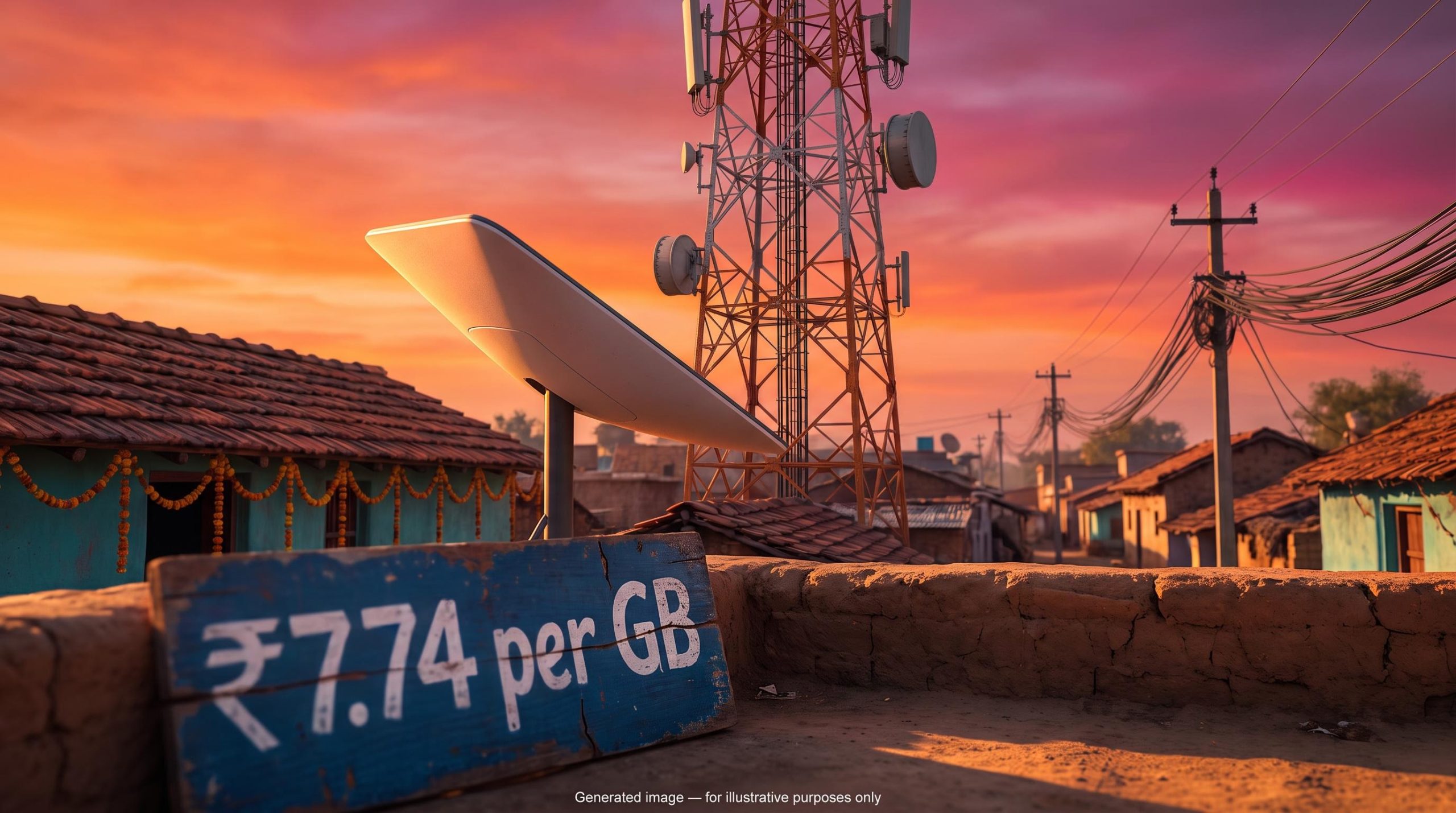Satellite dish beside an Indian cell tower with a ₹7.74 per GB sign, highlighting Starlink India pricing debate before Jio IPO