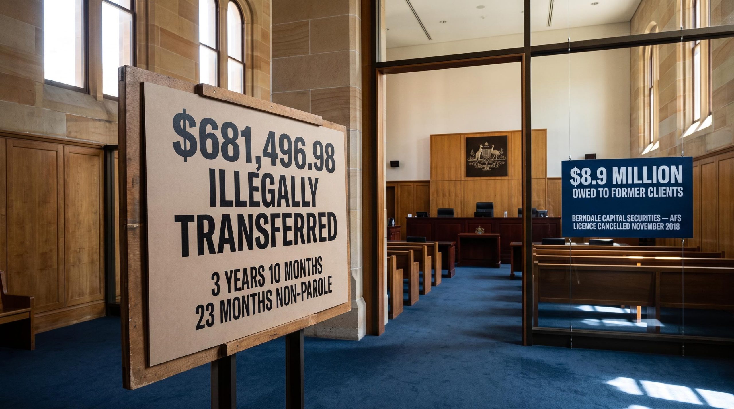 Federal Court sentencing panel showing Stavro D'Amore jailed 3 years 10 months over $681,496.98 Berndale client fund transfers