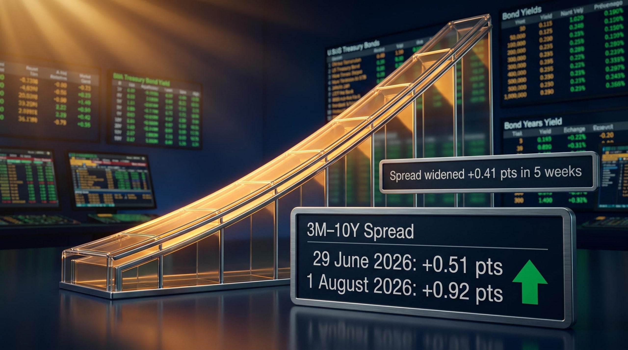 3M–10Y Treasury spread steepening from 0.51 to 0.92 pts shown on yield curve with trading floor data overlays