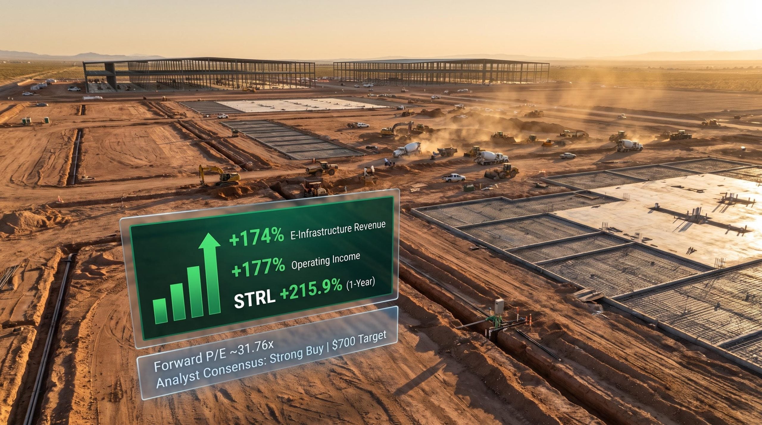 Sterling Infrastructure STRL construction site with 174% E-Infrastructure revenue and 215.9% stock gain data overlays