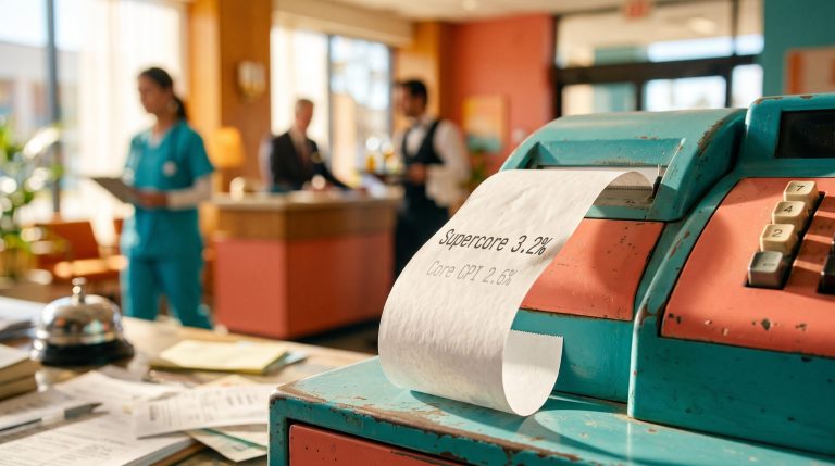 Receipt showing supercore 3.2% against core CPI 2.6% in a busy service-economy scene, illustrating sticky services inflation