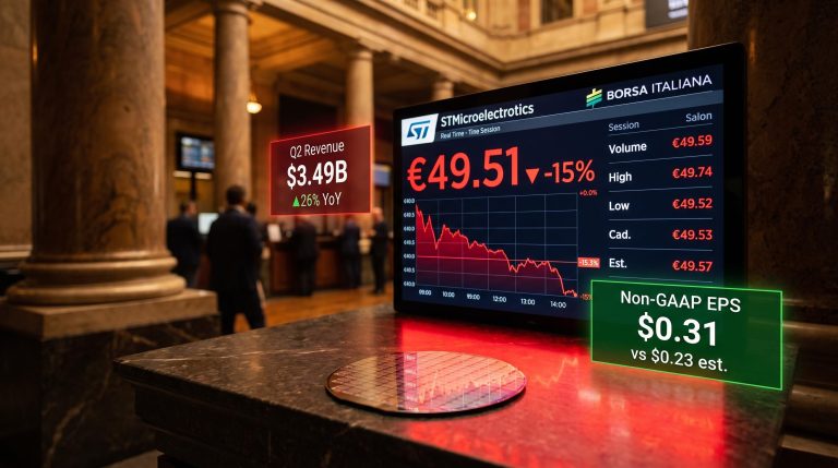 STMicroelectronics shares drop 15% to €49.51 in Milan despite Q2 EPS beat of $0.31 vs $0.23 estimate
