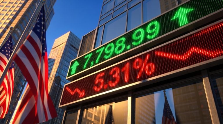 Split LED ticker showing S&P 500 record 7,798.99 against a 5.31% yield, illustrating the stock bond divergence