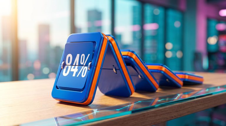 Five identical cards toppling in sync with an 84% reading, illustrating stock correlation trading and hidden concentration
