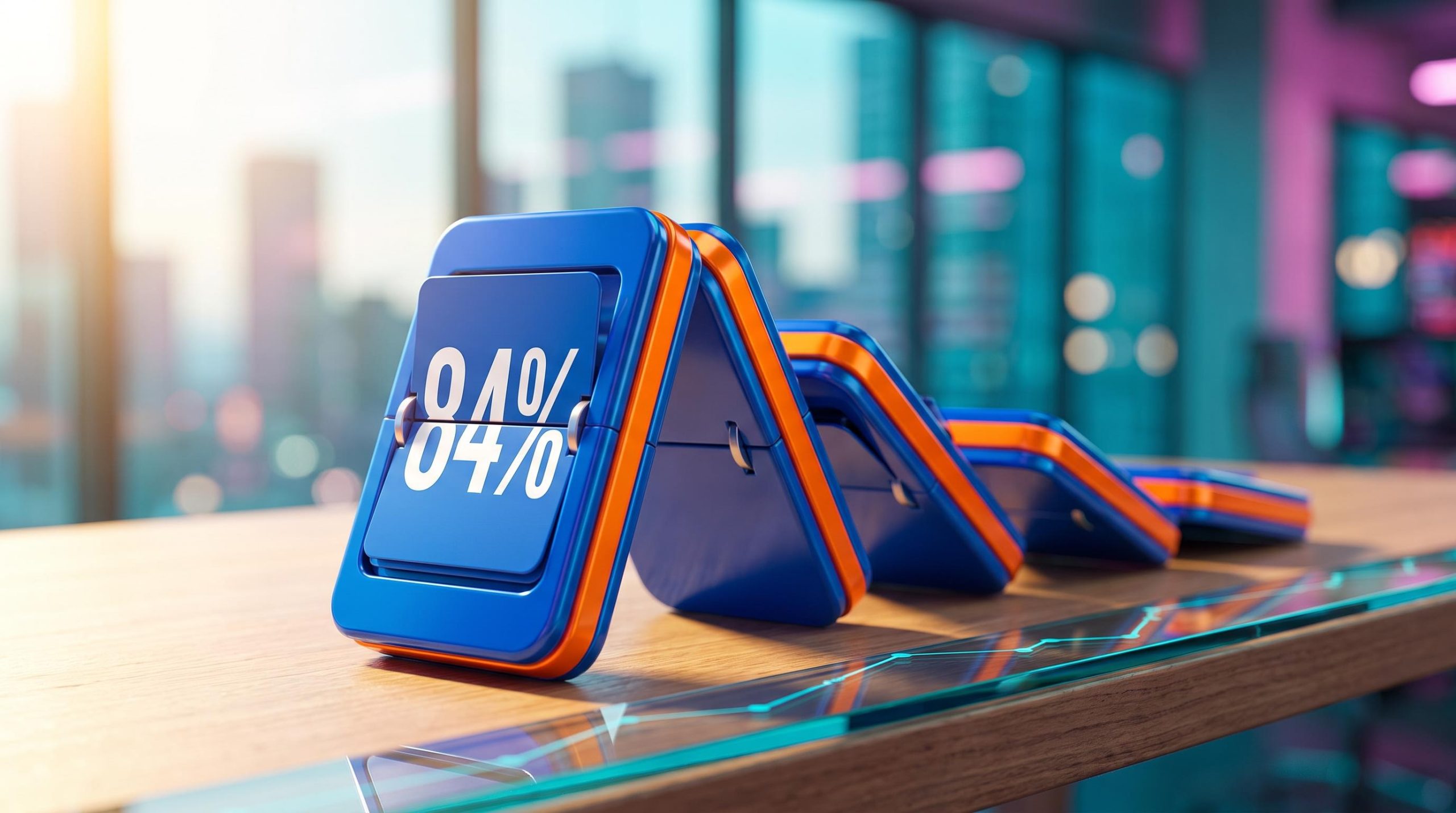 Five identical cards toppling in sync with an 84% reading, illustrating stock correlation trading and hidden concentration