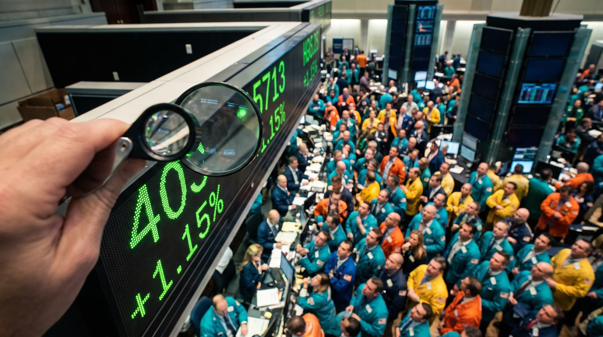 Trading floor board showing 403 advancers as stock market breadth widens beyond mega-cap tech, viewed through a loupe
