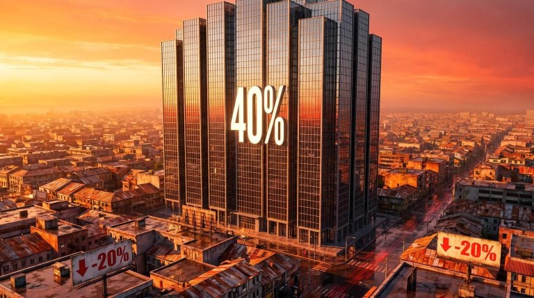 Single glass skyscraper towering over faded low-rise city, 40% sign, illustrating stock market bubble and narrow breadth