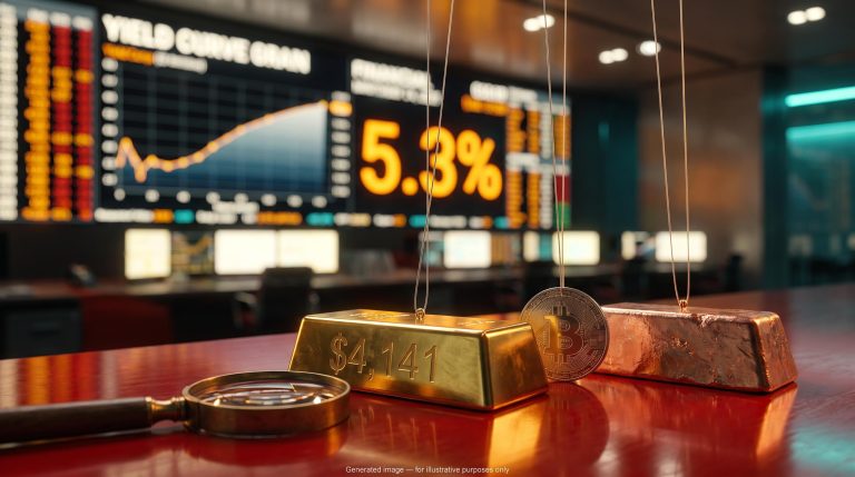 Gold bar, Bitcoin and copper pulled by strings before yield screens, showing a stock market drop hitting bonds, gold, crypto