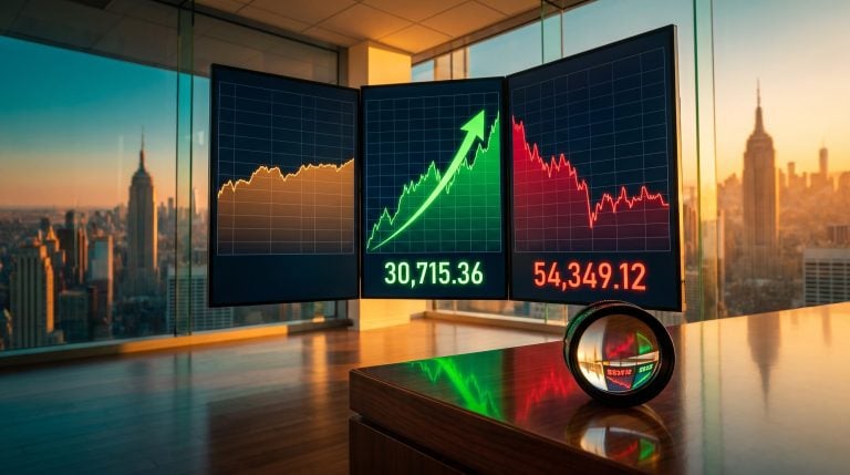 Three trading screens show diverging Nasdaq and Dow charts, framing the stock market forecast 2026 index split