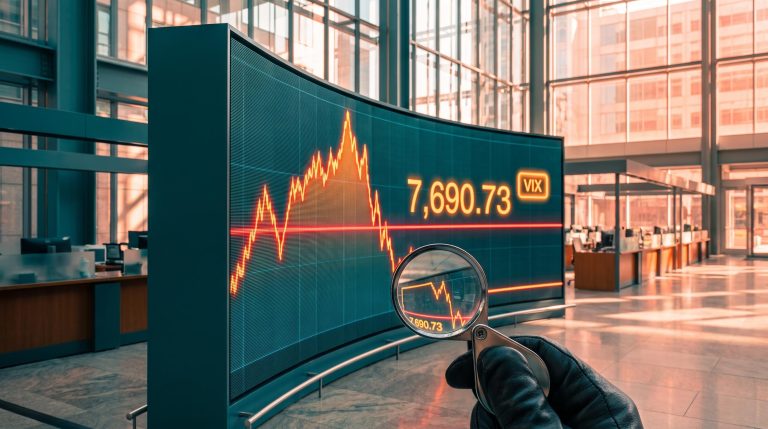 Market screen showing S&P 500 at 7,690.73 as support breaks, viewed through a loupe, illustrating the stock market outlook