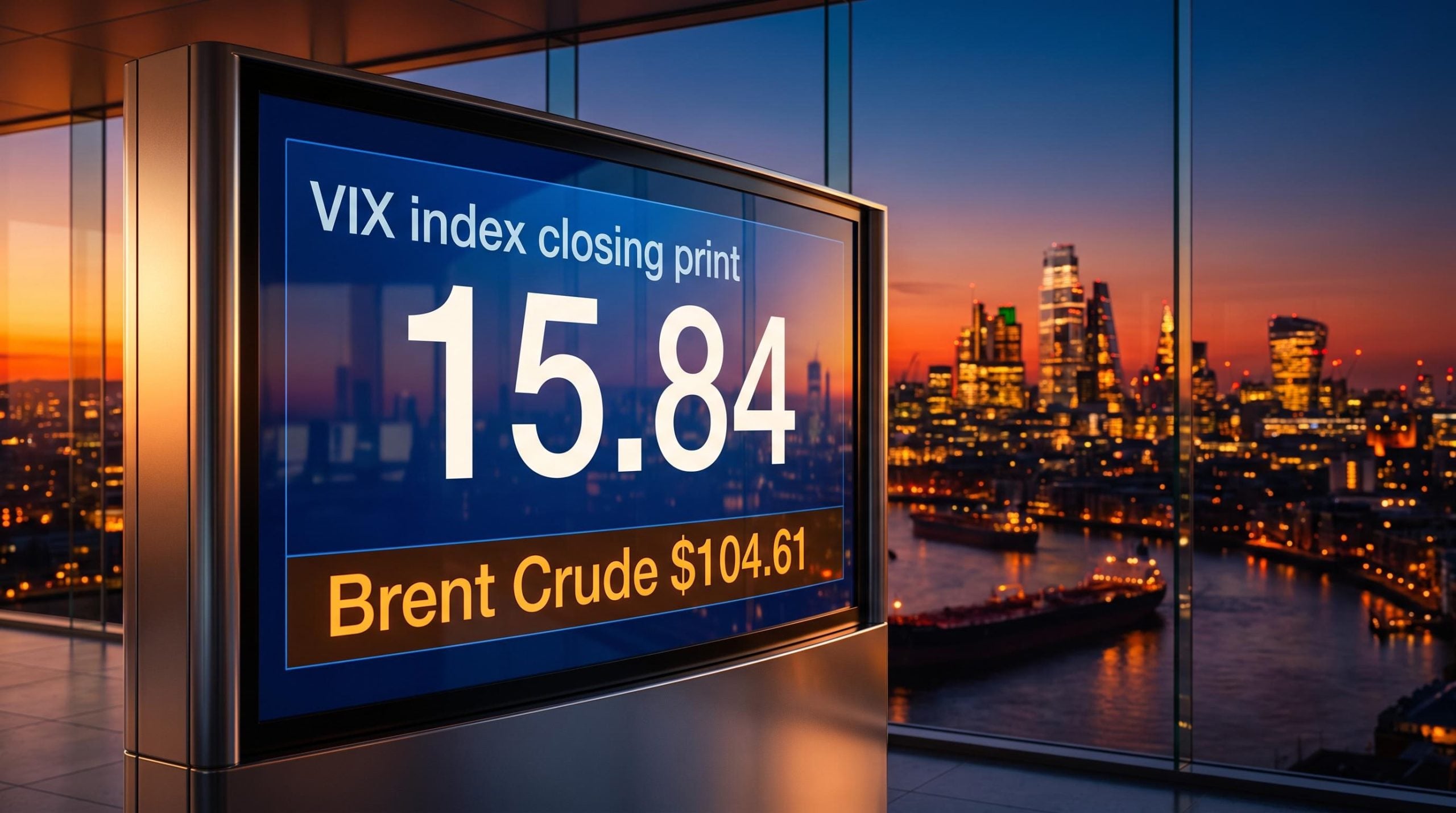VIX at 15.84 on trading terminal with Brent crude above $100 — stock market resilience amid macro shocks