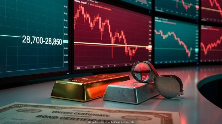 Gold and silver bars before a red Nasdaq chart breaking support during a stock market selloff