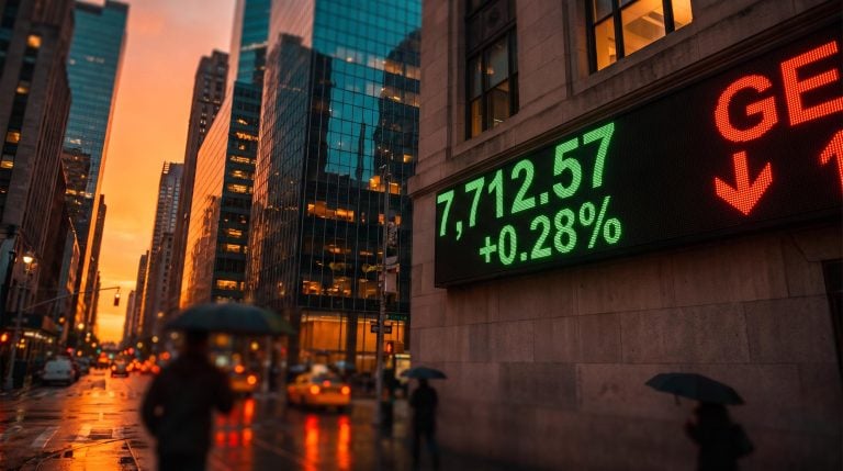 Glowing ticker board showing S&P 500 at 7,712.57 at dusk as the stock market today rises while earnings beats sell off