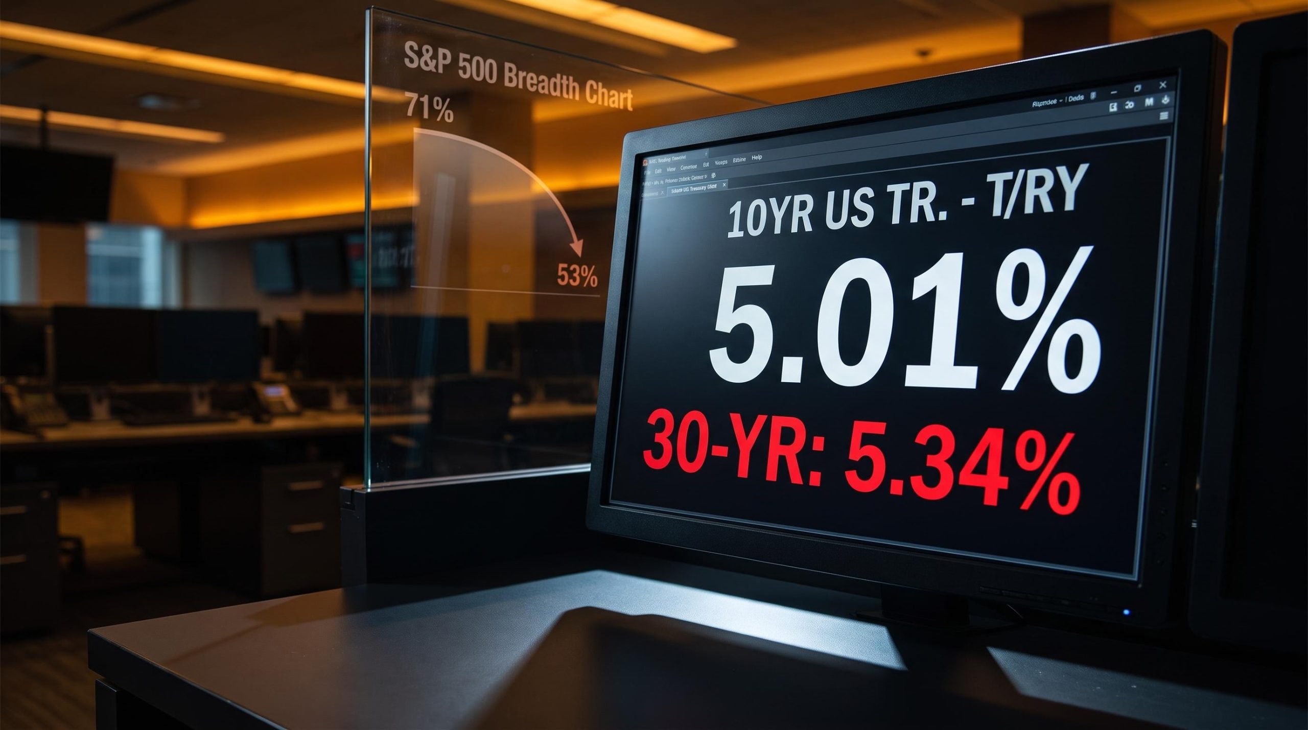 Treasury yield terminal showing 5.01% ten-year rate as stock market warning signs converge on breadth and risk premium