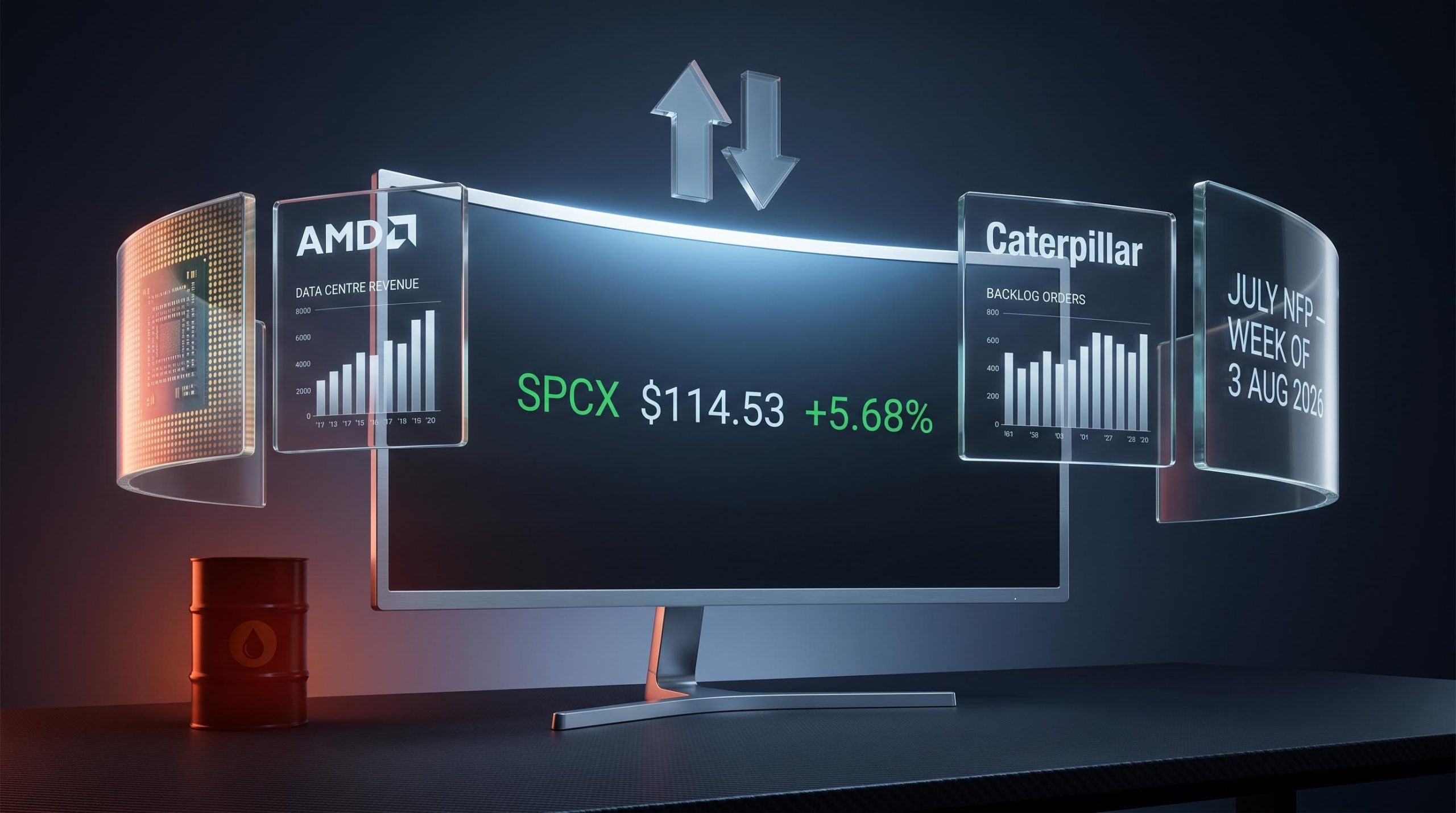 SPCX debut earnings, AMD, Caterpillar, and July payrolls converge in stock market week ahead of 3 Aug 2026
