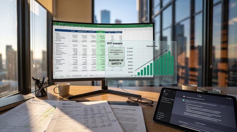 Professional stock research process: financial model spreadsheet, DCF margin-of-safety overlay, ASX filings and AI analysis on analyst desk
