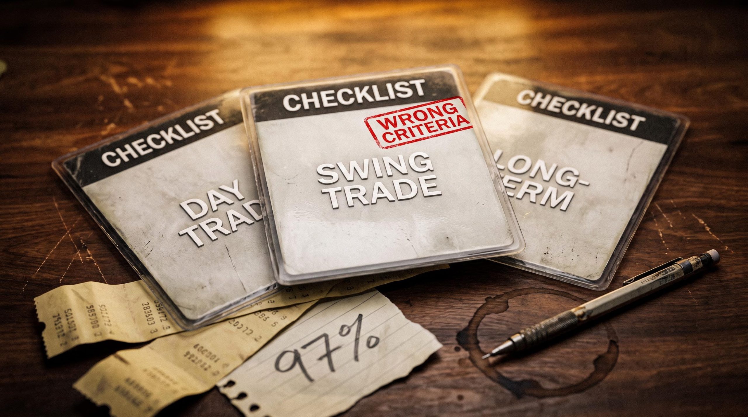 Three trading style checklists fanned on a desk with "97%" loss figure visible — stock selection by trading style guide