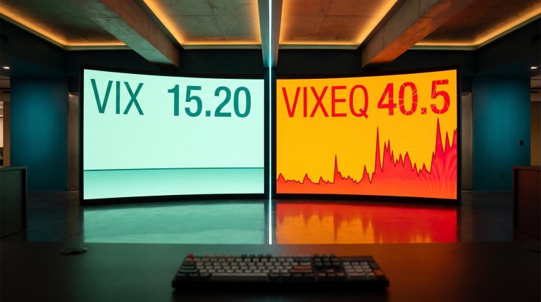Split trading screen shows VIX 15.20 in calm green beside VIXEQ 40.5 in blazing red, visualising stock volatility vs VIX index divergence