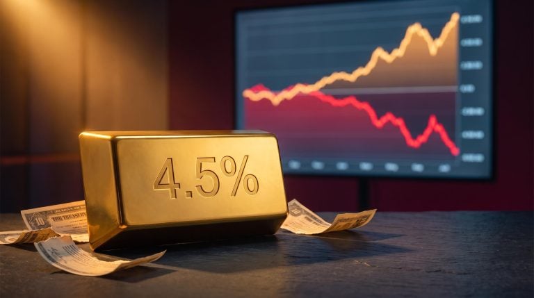 Gold bar engraved with 4.5% yield amid torn Treasury bonds, evoking stocks bonds gold portfolio stress scenarios