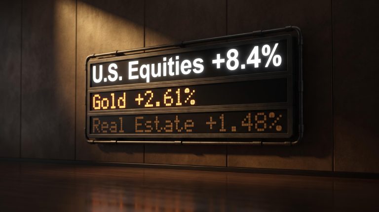 51-year scoreboard comparing stocks gold real estate real returns: equities 8.4%, gold 2.61%, real estate 1.48%