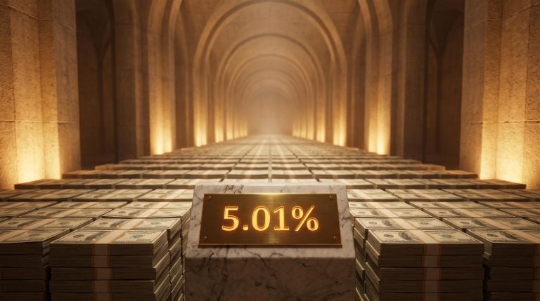 Vast Treasury bill float chamber with 5.01% yield placard — stocks that profit from high rates explained