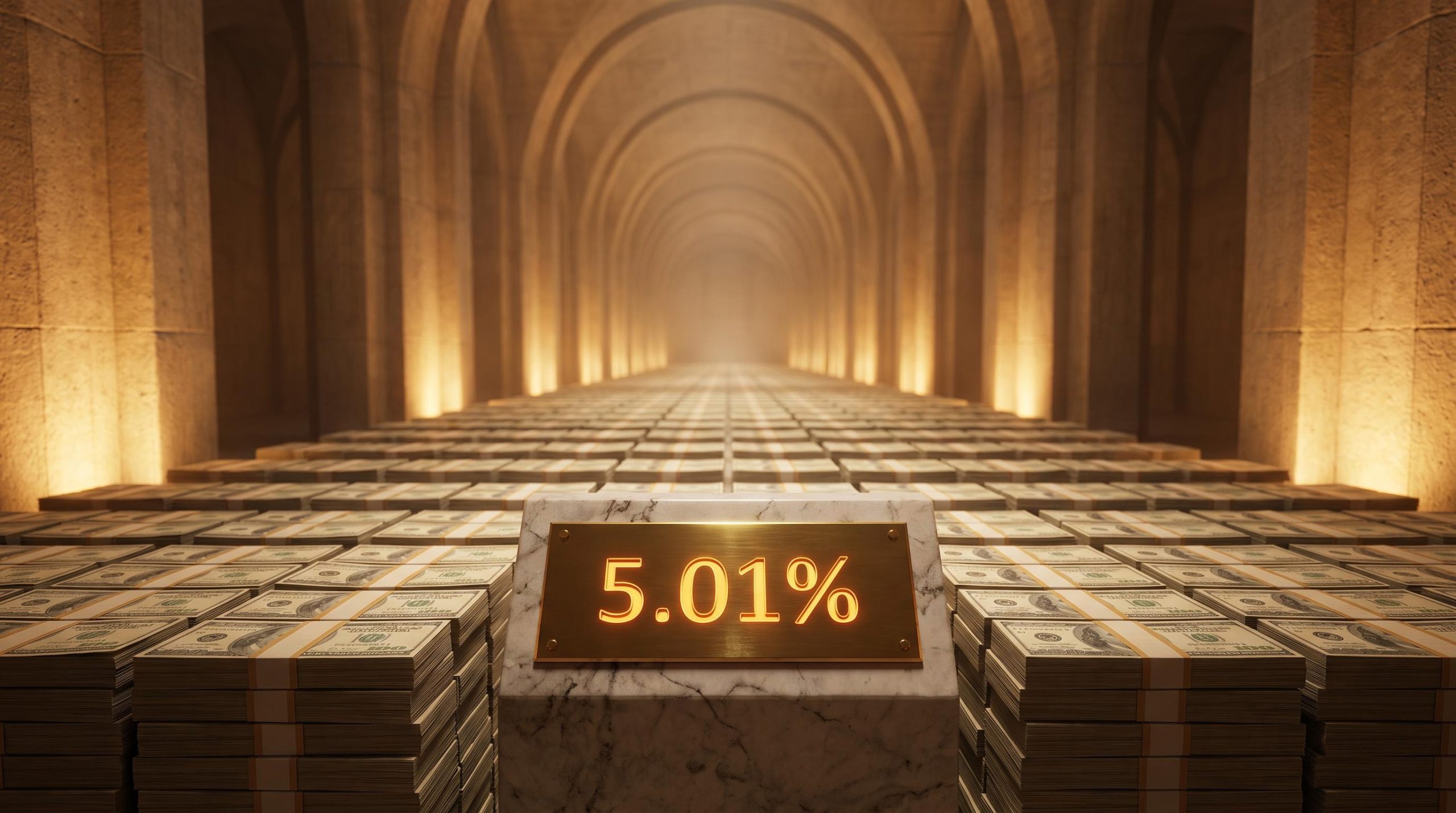 Vast Treasury bill float chamber with 5.01% yield placard — stocks that profit from high rates explained