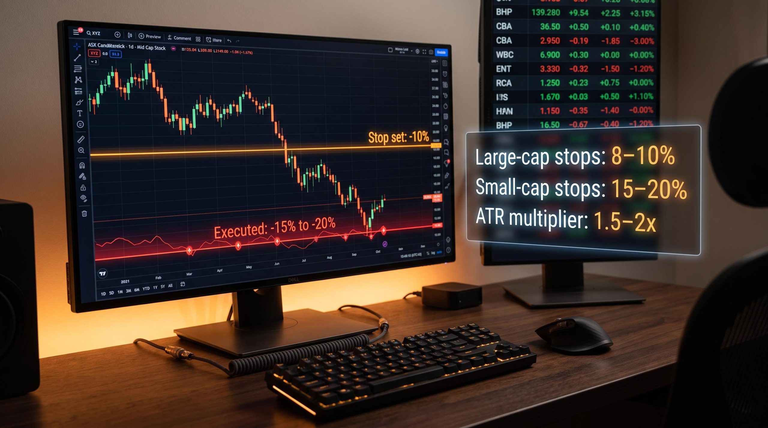 ASX trading screen showing stop-loss trigger at -10% with execution slippage to -20% and ATR calibration overlays