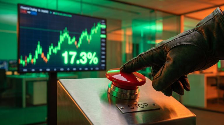 Red stop button pressed in front of a surging green trading screen showing 17.3%, illustrating a stop loss strategy