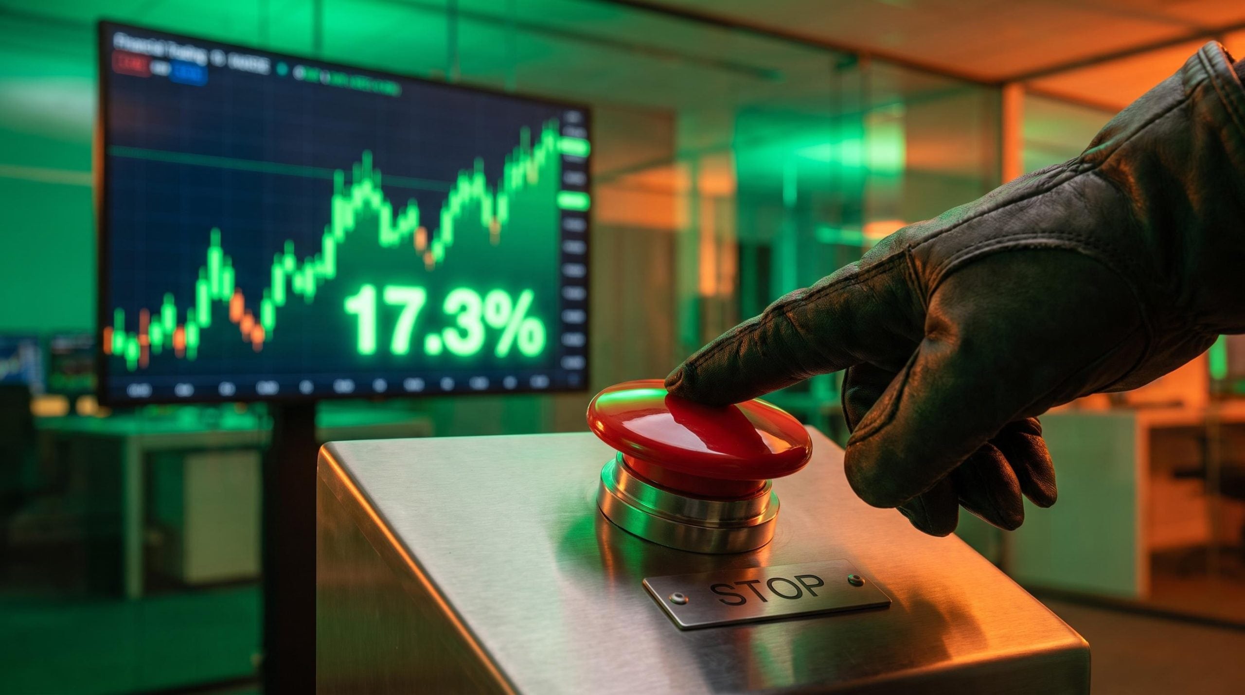 Red stop button pressed in front of a surging green trading screen showing 17.3%, illustrating a stop loss strategy