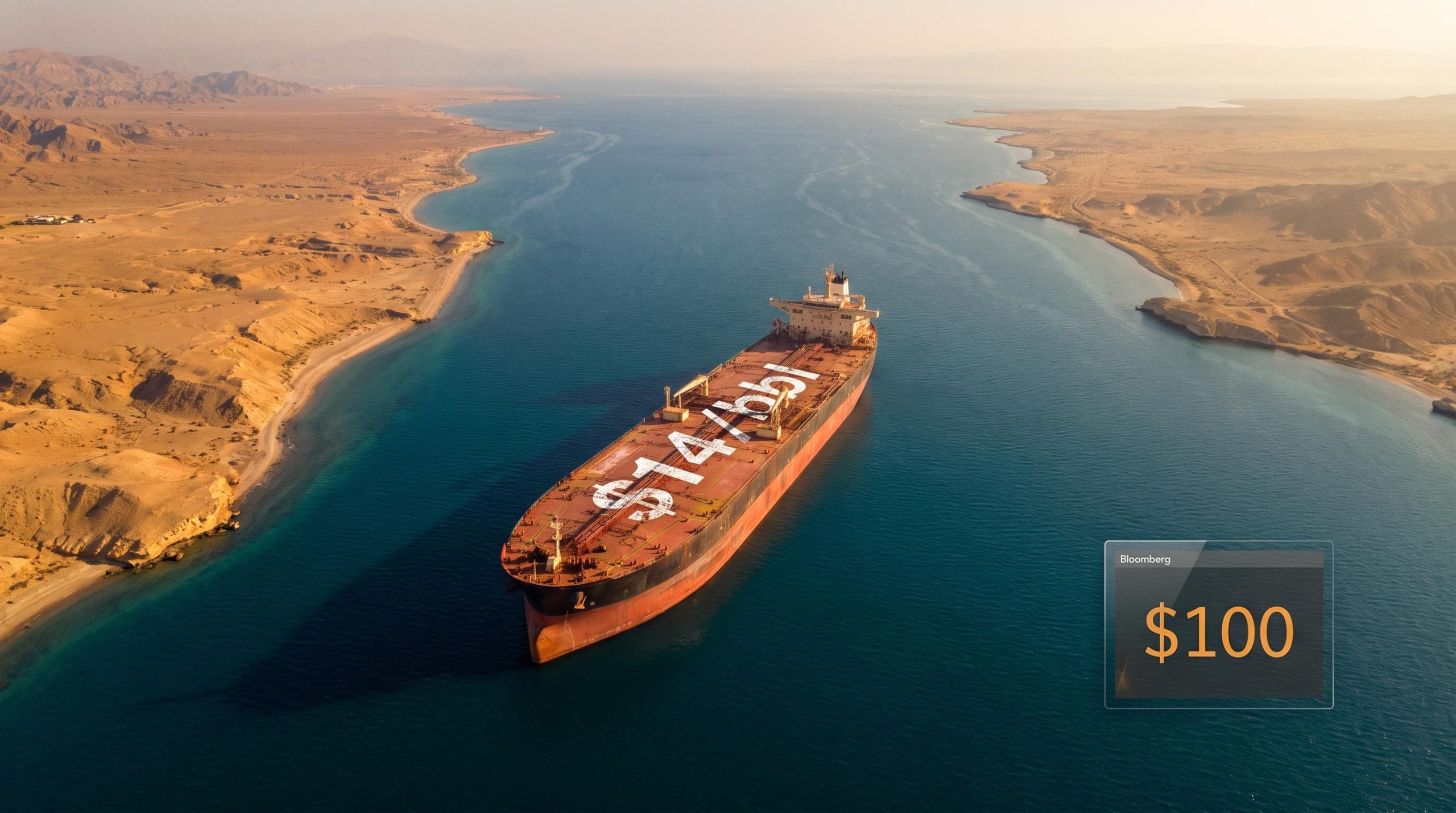 Supertanker stalled in the Strait of Hormuz with $14/bbl geopolitical risk premium marked on hull