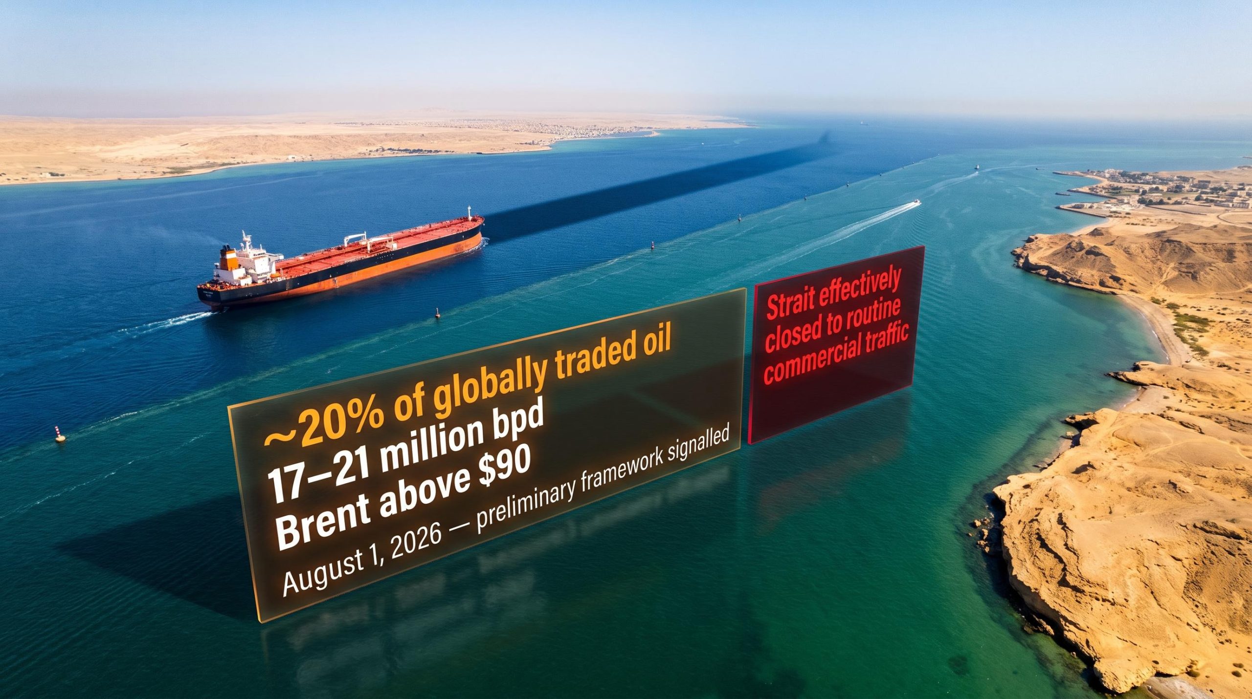 Aerial view of Strait of Hormuz with VLCC tanker and data panels showing 20% of global oil blocked