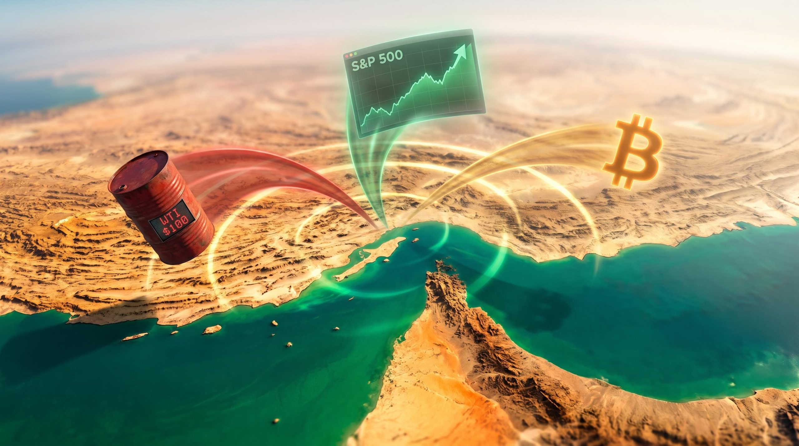 Strait of Hormuz aerial view with oil, S&P 500, and Bitcoin price ripples showing how geopolitical events move markets