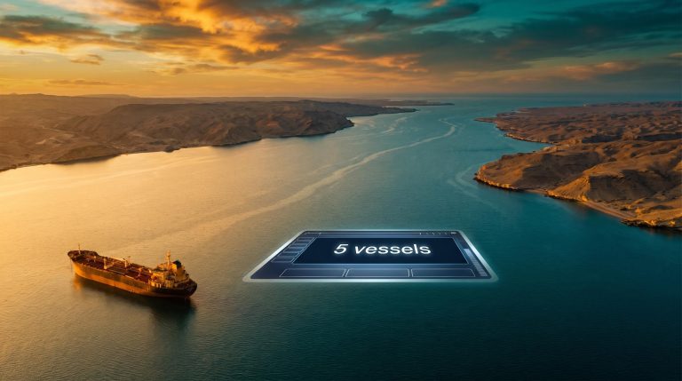 Near-empty Strait of Hormuz from aerial view with "5 vessels" displayed — macro risks converging for investors