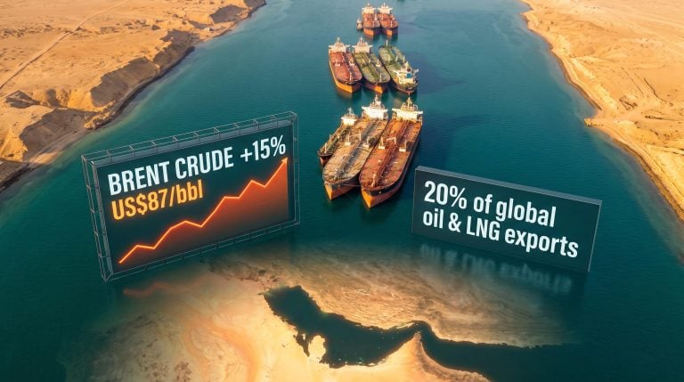 Stalled oil tankers in the Strait of Hormuz with Brent crude 15% and US$87/bbl data panels overlaid