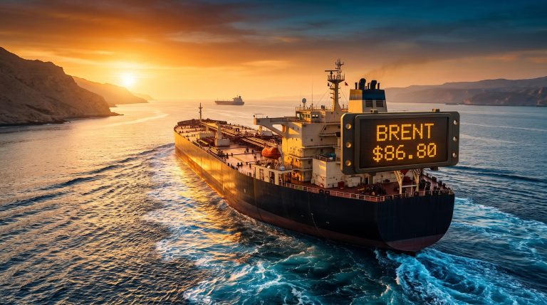 VLCC supertanker transiting Strait of Hormuz as Brent crude falls to $86.80 after Iran-Oman corridor deal