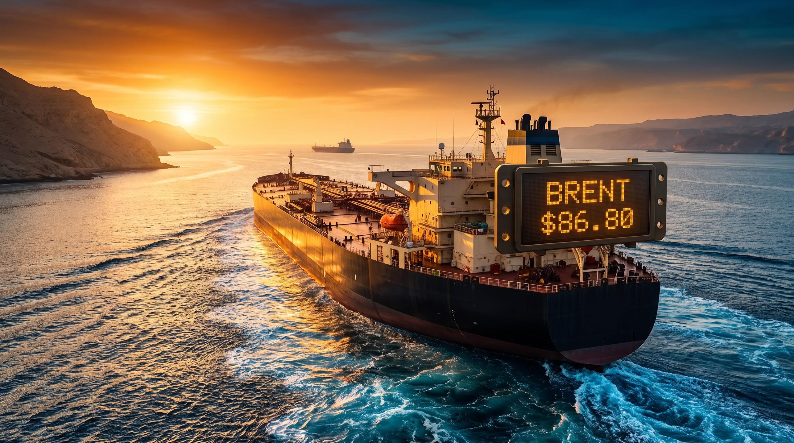 VLCC supertanker transiting Strait of Hormuz as Brent crude falls to $86.80 after Iran-Oman corridor deal