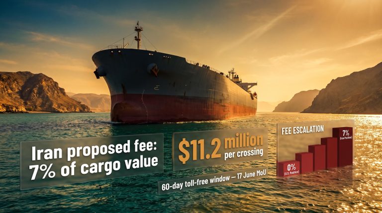 VLCC supertanker transiting Strait of Hormuz with Iran 7% fee and $11.2M per-crossing data overlays