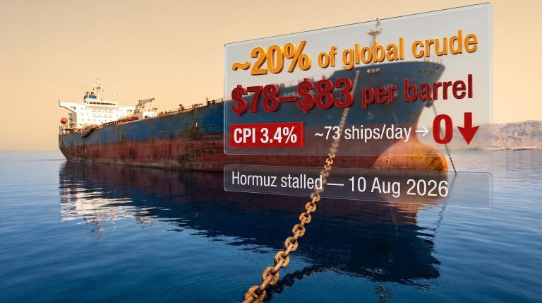 Idle supertanker stranded in the Strait of Hormuz with $78–83 crude and 3.4% CPI data overlays