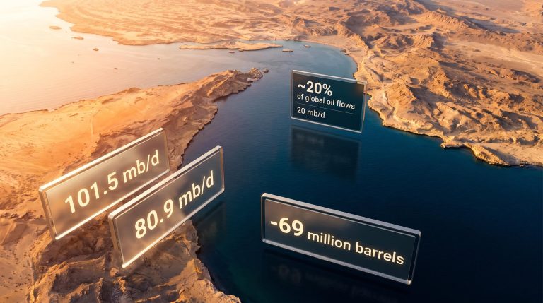 Empty Strait of Hormuz aerial view with IEA July 2026 data overlays showing global oil market supply crisis