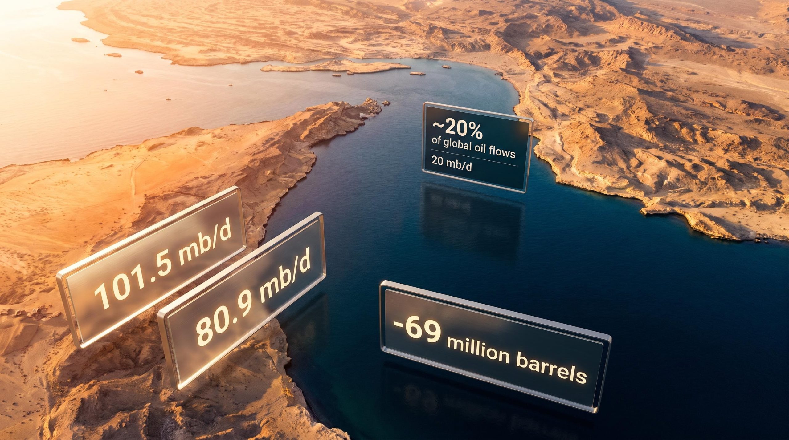 Empty Strait of Hormuz aerial view with IEA July 2026 data overlays showing global oil market supply crisis