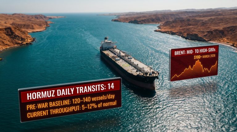 Single oil tanker crossing near-empty Strait of Hormuz with transit data showing 14 vessels vs 120–140 pre-war baseline