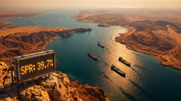 Aerial view of the Strait of Hormuz at golden hour with supertankers and SPR 39.7% warning display — oil price shock analysis