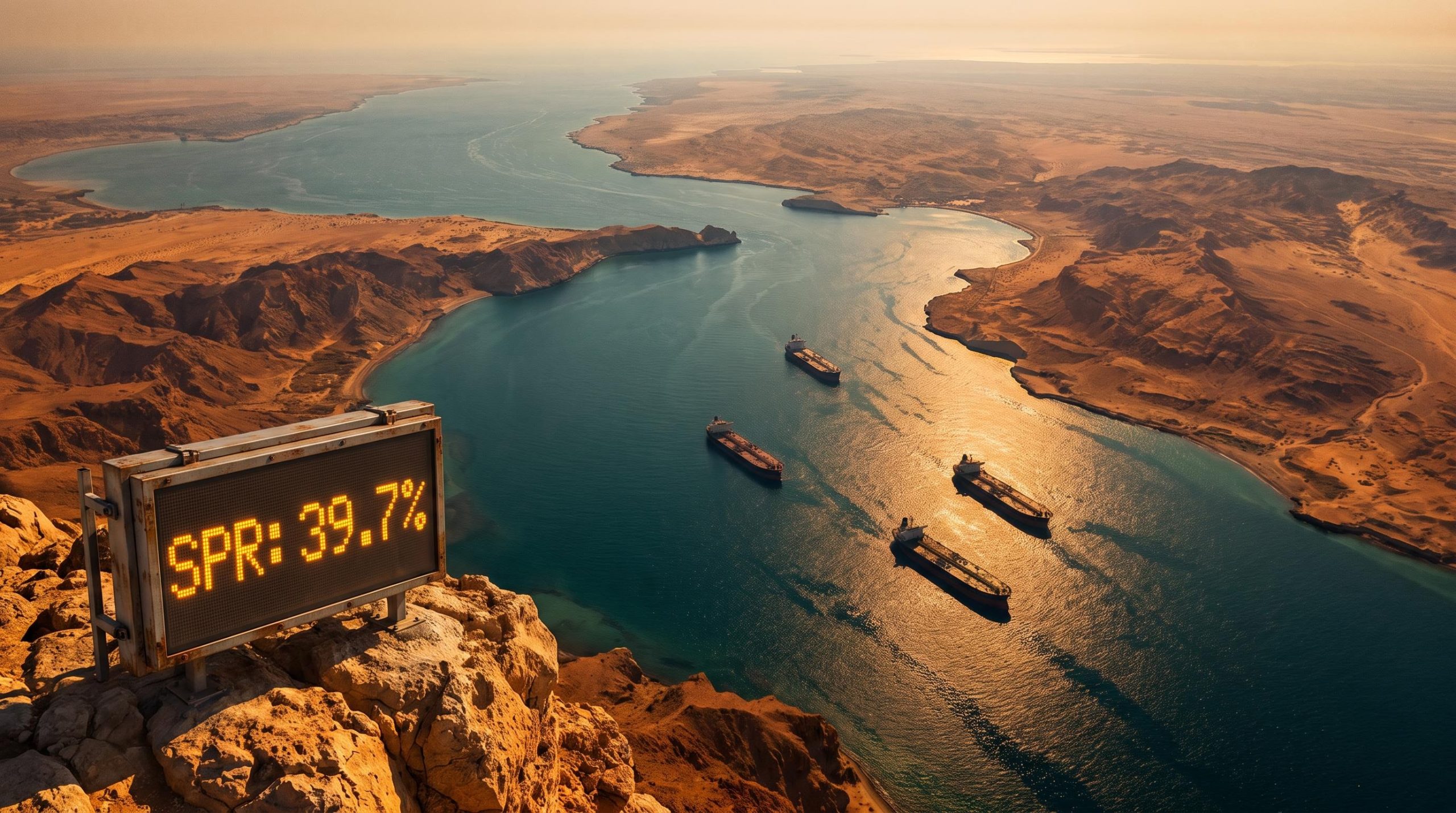 Aerial view of the Strait of Hormuz at golden hour with supertankers and SPR 39.7% warning display — oil price shock analysis