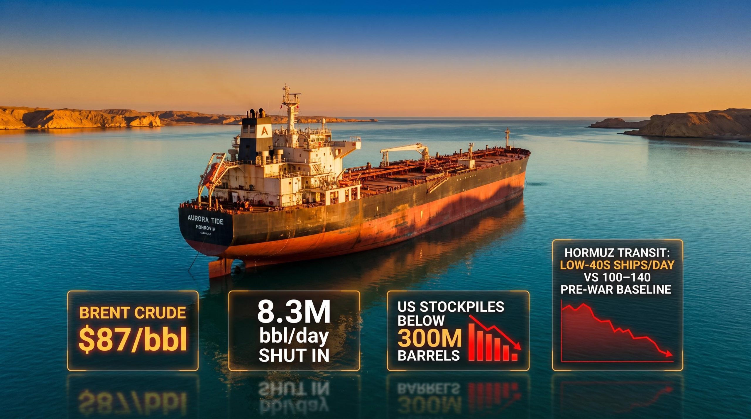 Supertanker stalled in Strait of Hormuz with $87 Brent and 8.3M bbl/day shut-in data overlays