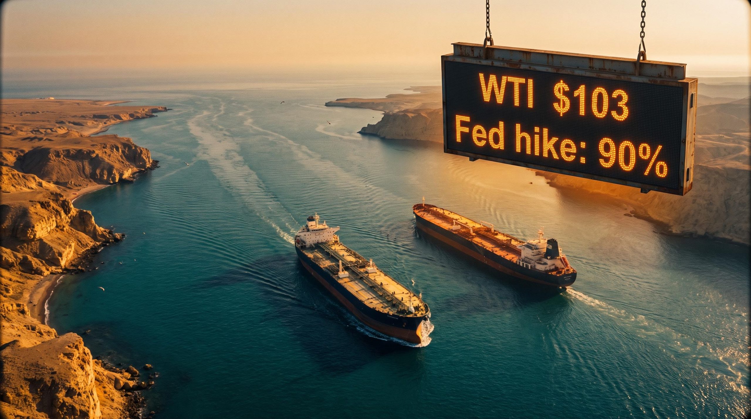 Oil tankers transiting the Strait of Hormuz with WTI $103 and 90% Fed hike probability displayed on port signage