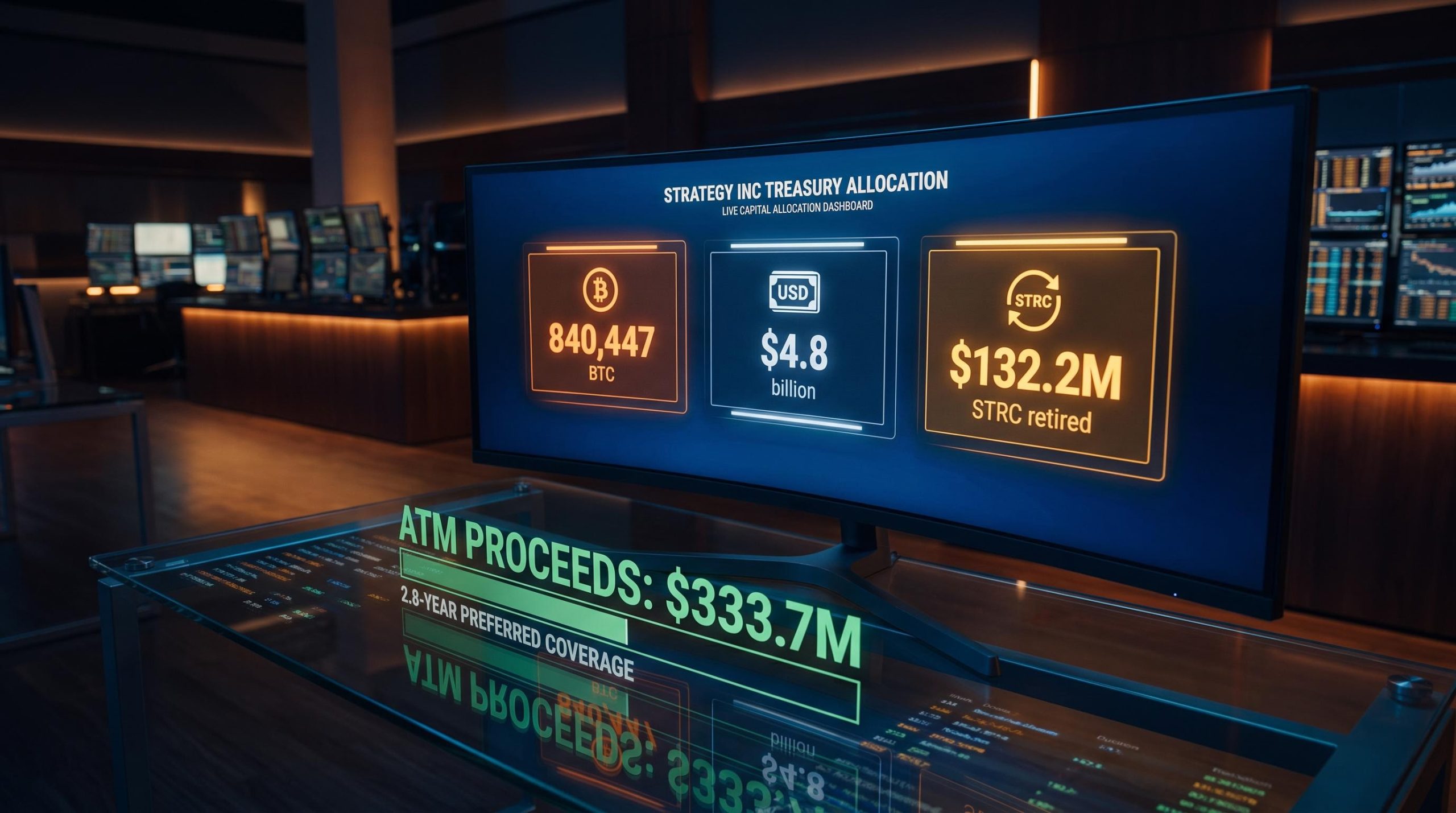 Strategy Inc treasury dashboard showing 840,447 BTC holdings, $4.8B USD reserve and $132.2M STRC repurchase data