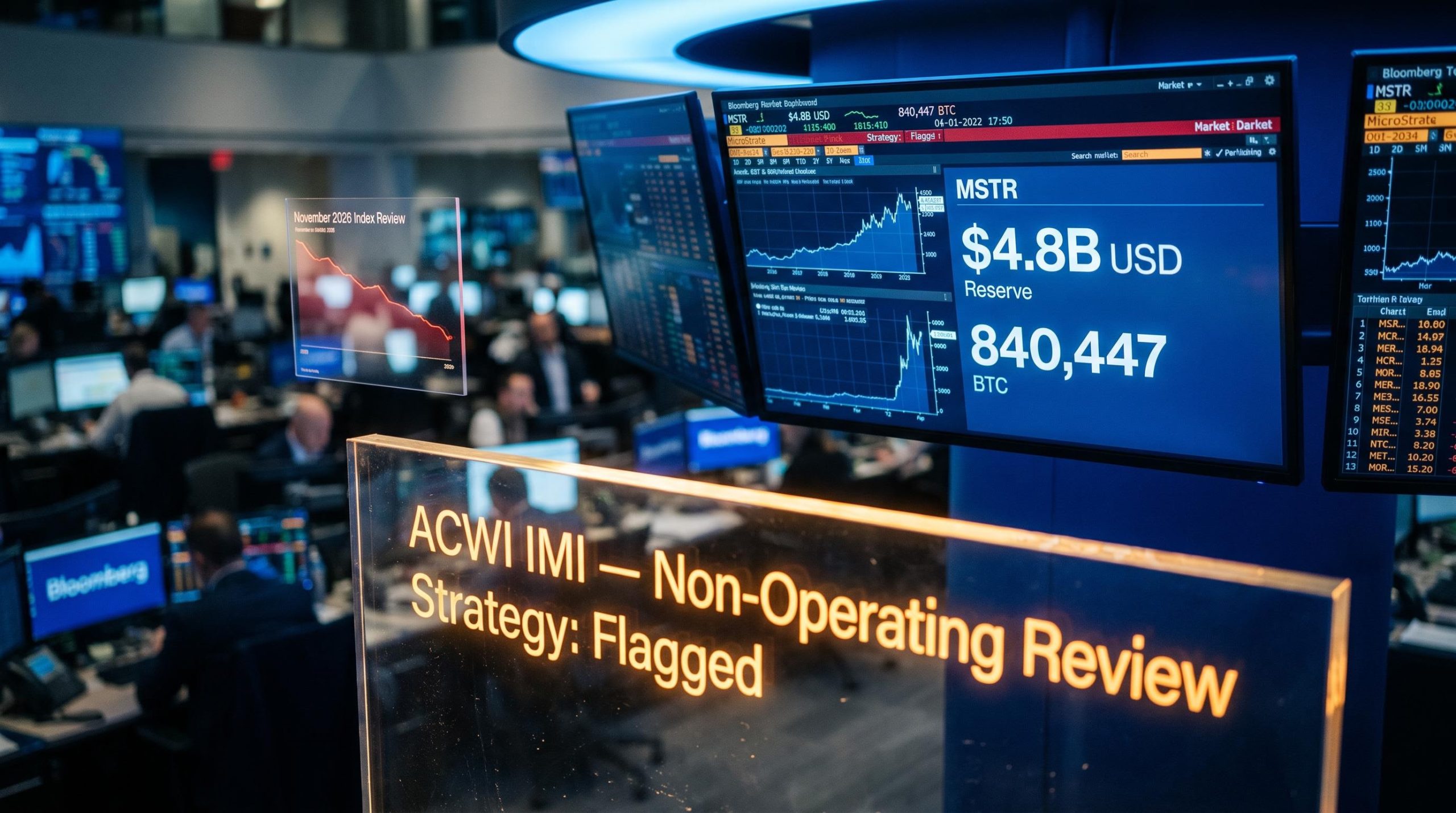 MSTR terminal showing $4.8B USD Reserve flagged against MSCI ACWI IMI non-operating exclusion review