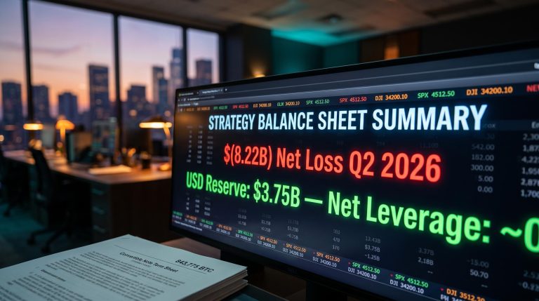 Strategy Q2 2026 balance sheet on trading terminal showing $8.22B loss vs $3.75B USD reserve — institutional crypto analysis