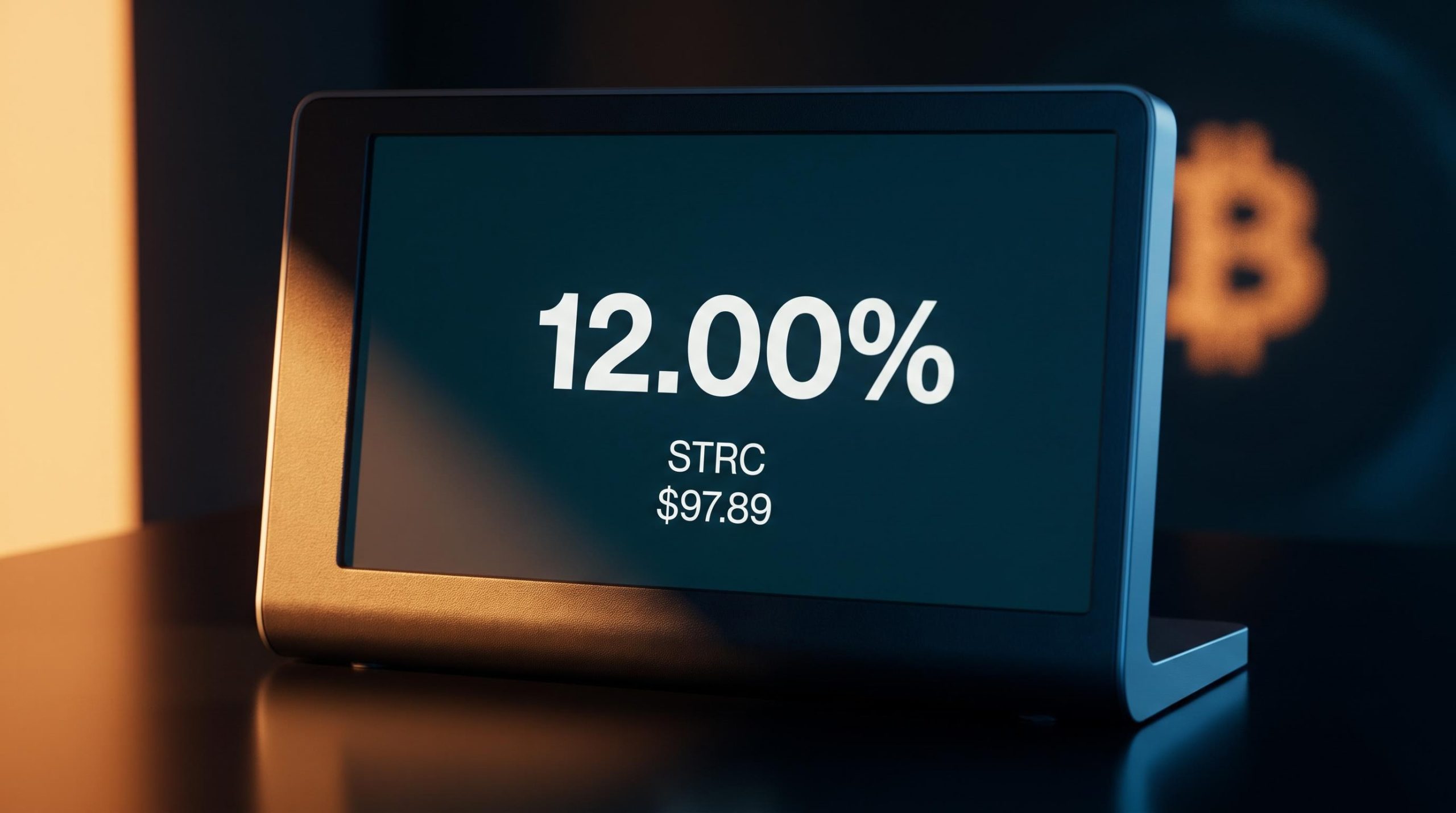 STRC preferred stock terminal displaying 12.00% yield under analytical scrutiny with Bitcoin exposure in background
